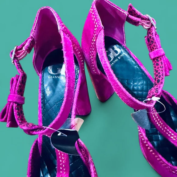Fuchsia Pink T-Strap Suede Platform Peep-Toe Block Heels Gianni Bini 9 - Picture 5 of 8
